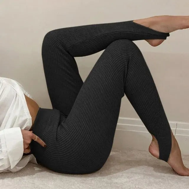 Tossy Beige Ribbed Knit Leggings Women High Waist Cotton Fitness Basic Pants Casual Spring New All-Match Female Skinny Leggings - Image #6