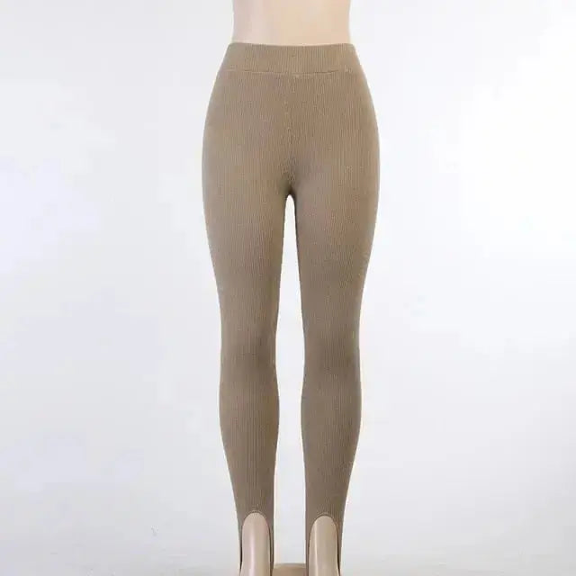 Tossy Beige Ribbed Knit Leggings Women High Waist Cotton Fitness Basic Pants Casual Spring New All-Match Female Skinny Leggings - Image #12