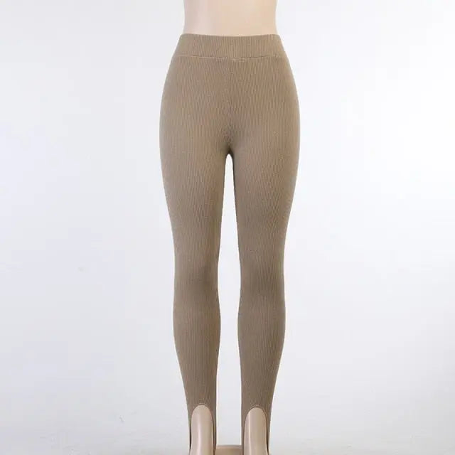 Tossy Beige Ribbed Knit Leggings Women High Waist Cotton Fitness Basic Pants Casual Spring New All-Match Female Skinny Leggings - Image #7
