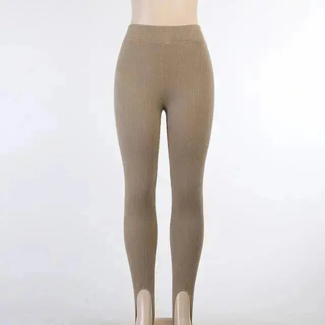 Tossy Beige Ribbed Knit Leggings Women High Waist Cotton Fitness Basic Pants Casual Spring New All-Match Female Skinny Leggings - Image #5