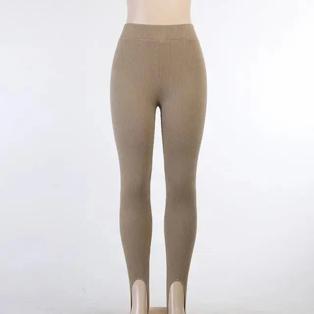 Tossy Beige Ribbed Knit Leggings Women High Waist Cotton Fitness Basic Pants Casual Spring New All-Match Female Skinny Leggings - Image #5