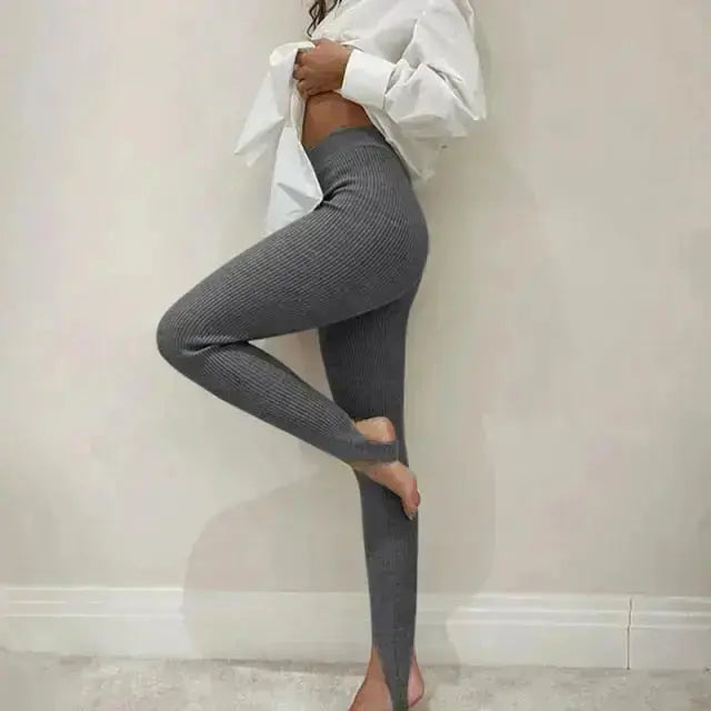 Tossy Beige Ribbed Knit Leggings Women High Waist Cotton Fitness Basic Pants Casual Spring New All-Match Female Skinny Leggings - Image #5