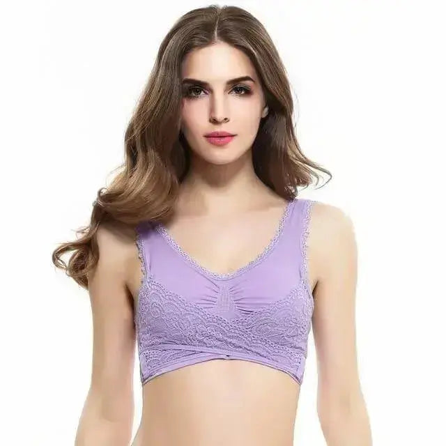 M-3XL Women Underwear Sexy Lingerie Lace Solid Color Cross Side Buckle Wireless Push up Breathable Sleep Sports Bra - Image #7