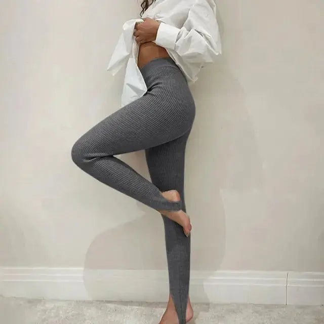 Tossy Beige Ribbed Knit Leggings Women High Waist Cotton Fitness Basic Pants Casual Spring New All-Match Female Skinny Leggings - Image #5