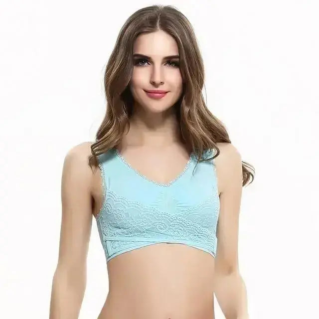 M-3XL Women Underwear Sexy Lingerie Lace Solid Color Cross Side Buckle Wireless Push up Breathable Sleep Sports Bra - Image #6